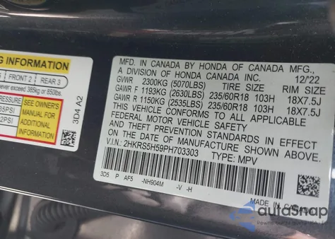 2023 Honda Cr-V Hybrid Sport z USA, uszkodzony, nr VIN 2HKRS5H59PH703303